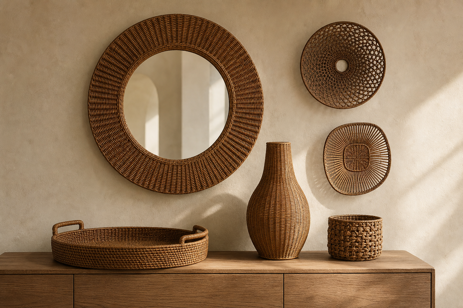 Woven mirror and decorative object collection