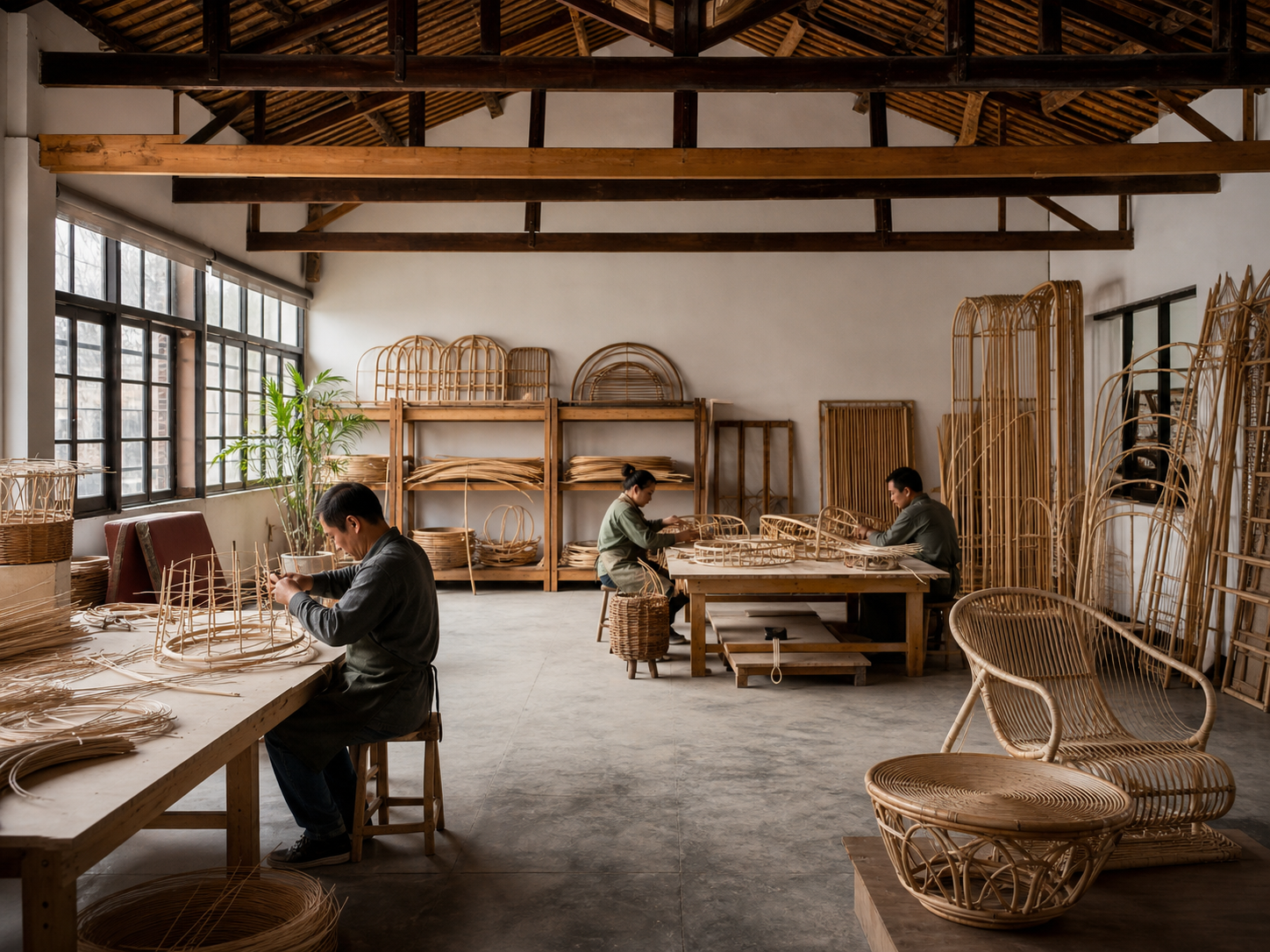 Illustrated view of an organized wicker workshop