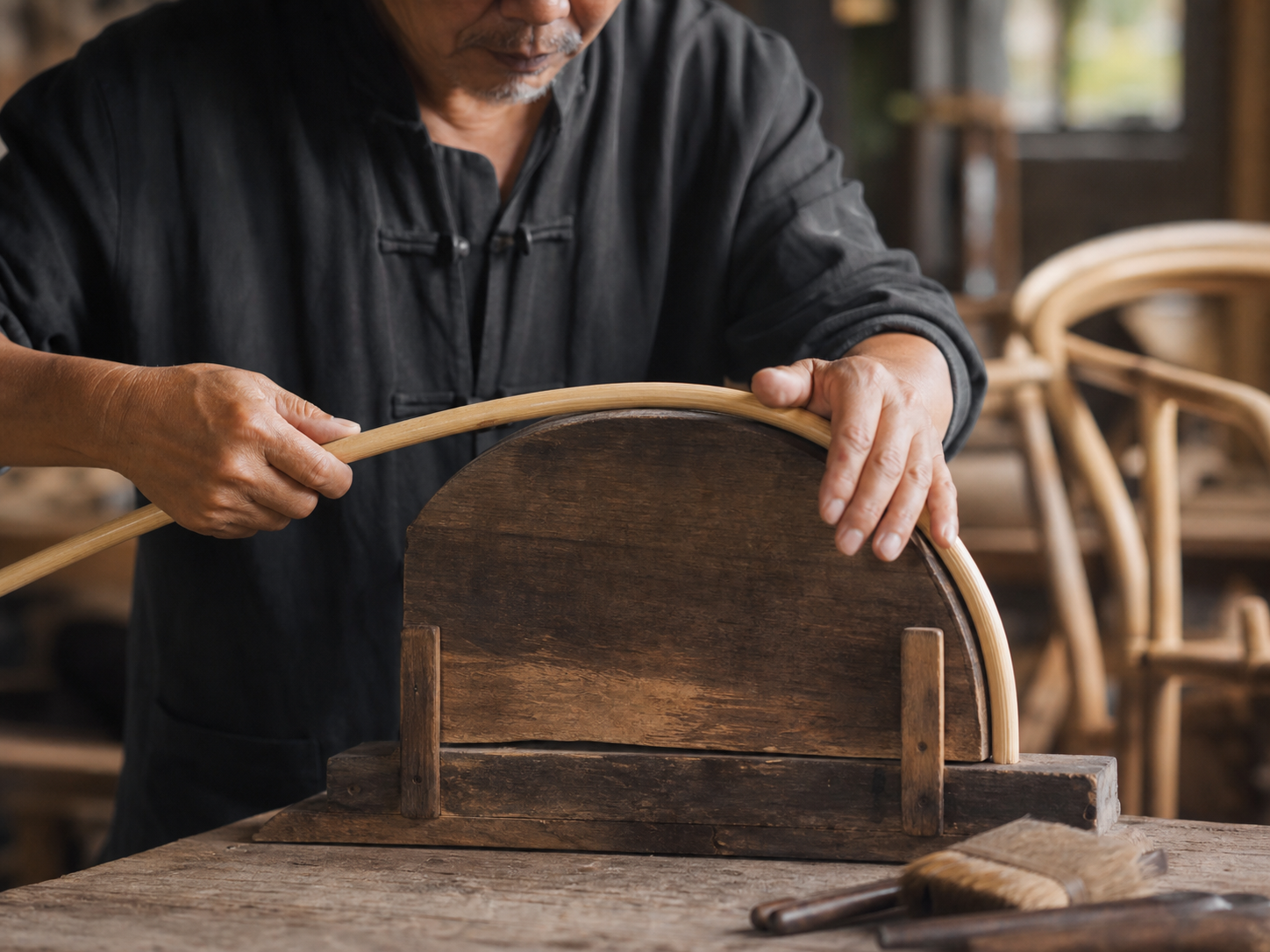 Illustrated view of an artisan forming rattan cane around a jig