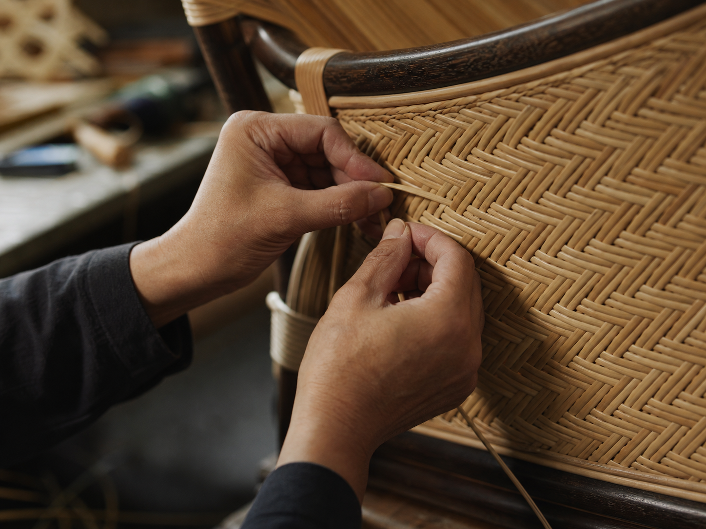 Illustrated close view of precise hand weaving