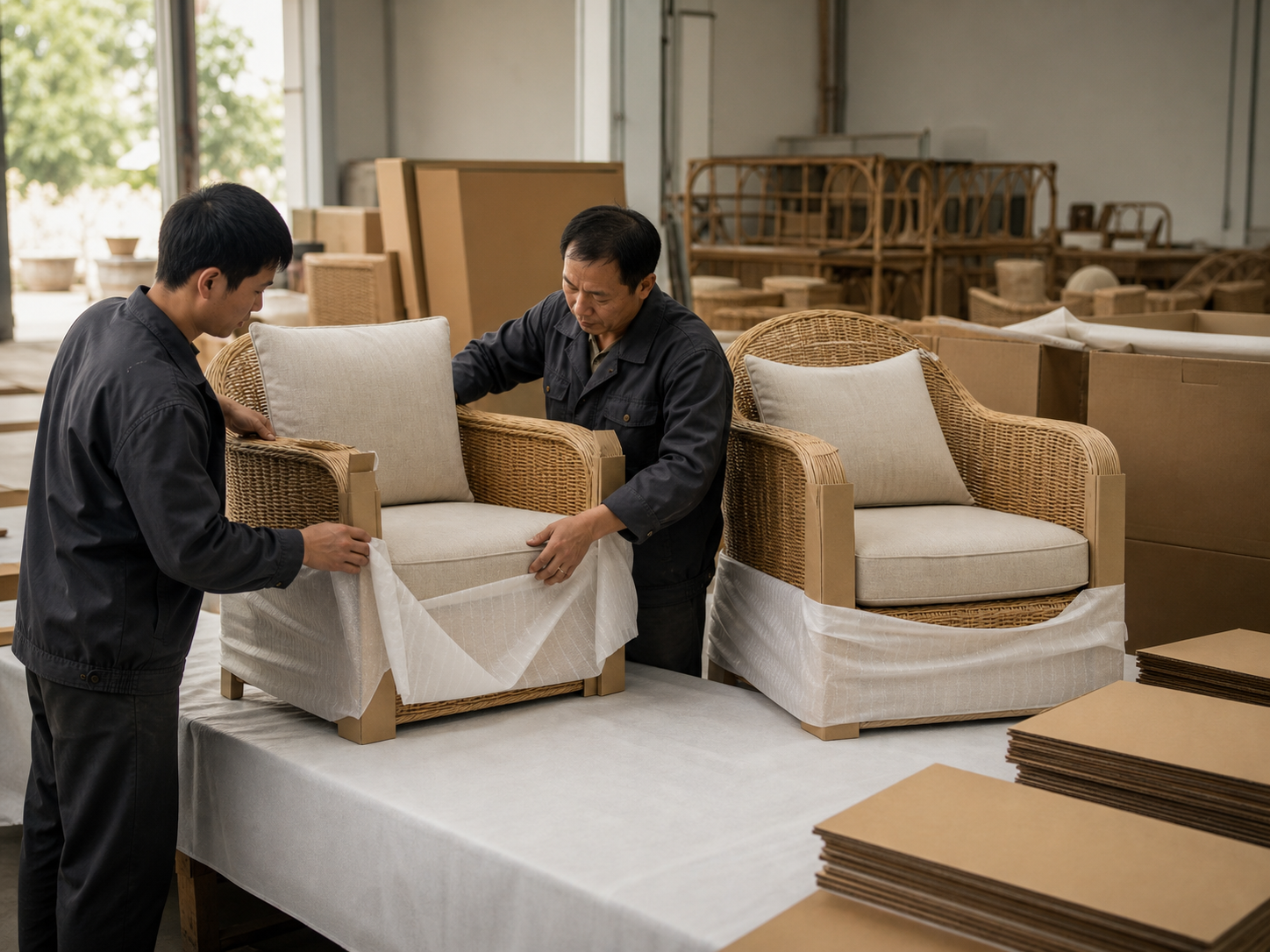 Illustrated view of rattan furniture prepared for packing