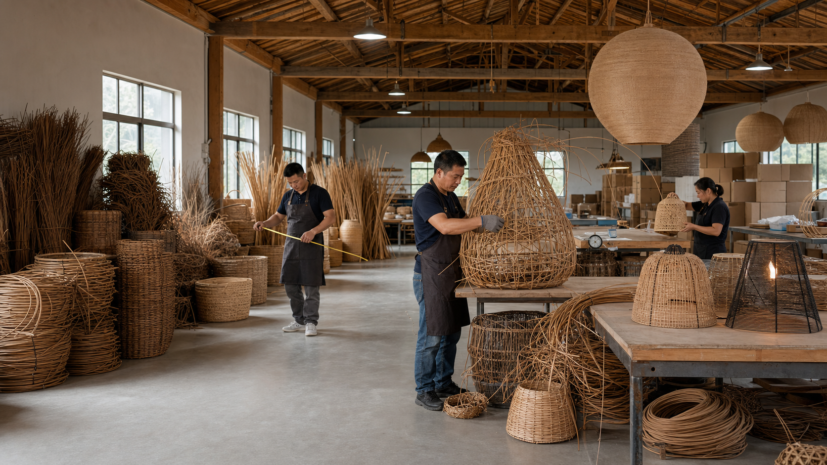 Concept visualization of organized wicker production, inspection and export preparation