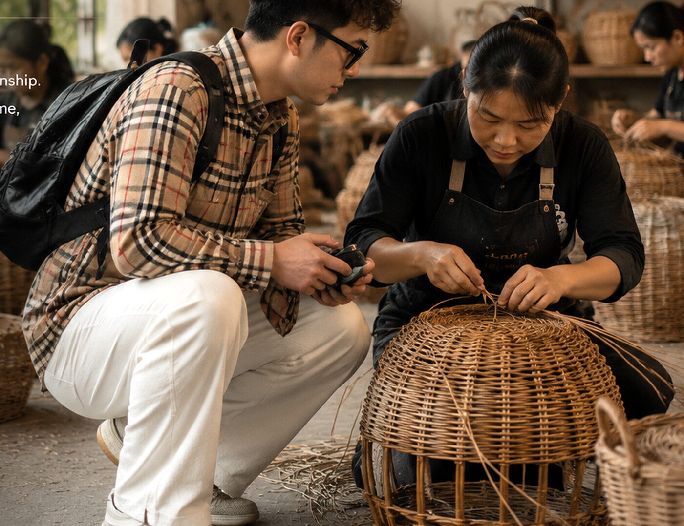 WEIGE product development beside a Bobai wicker artisan