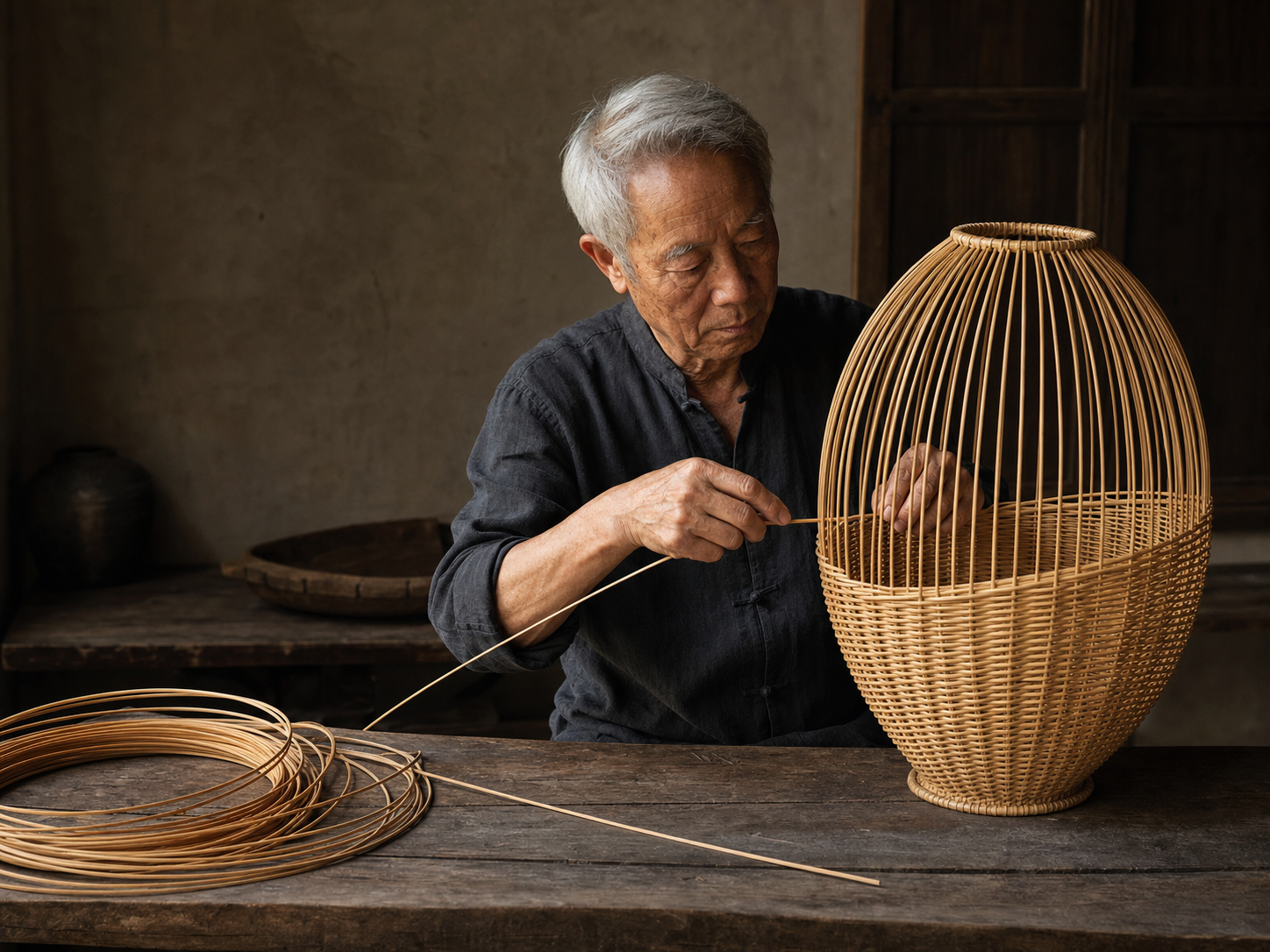 Experienced elderly artisan threading and tightening natural cane around a rattan lantern frame