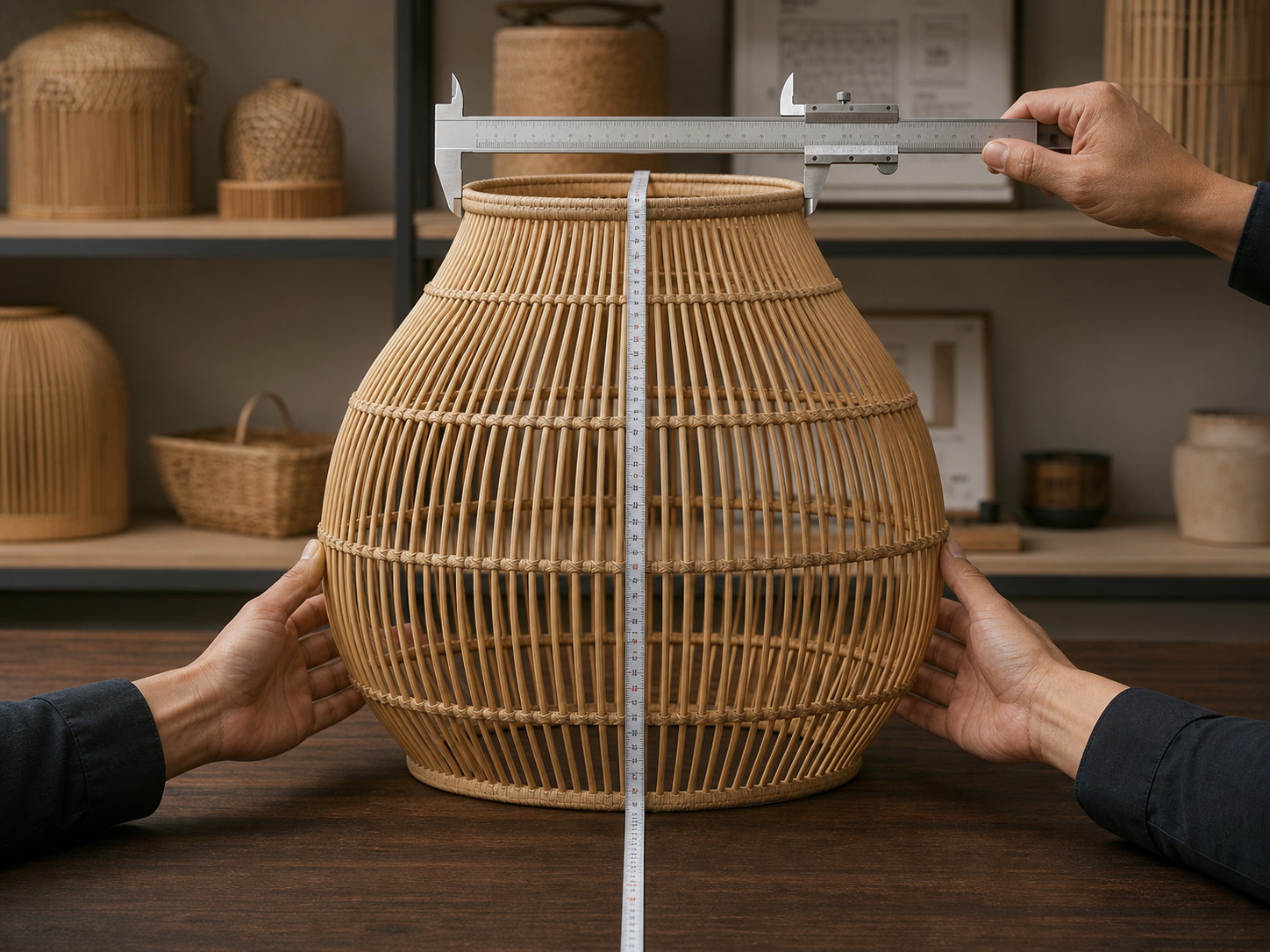 Centered rattan lighting sample measured from a straight front view