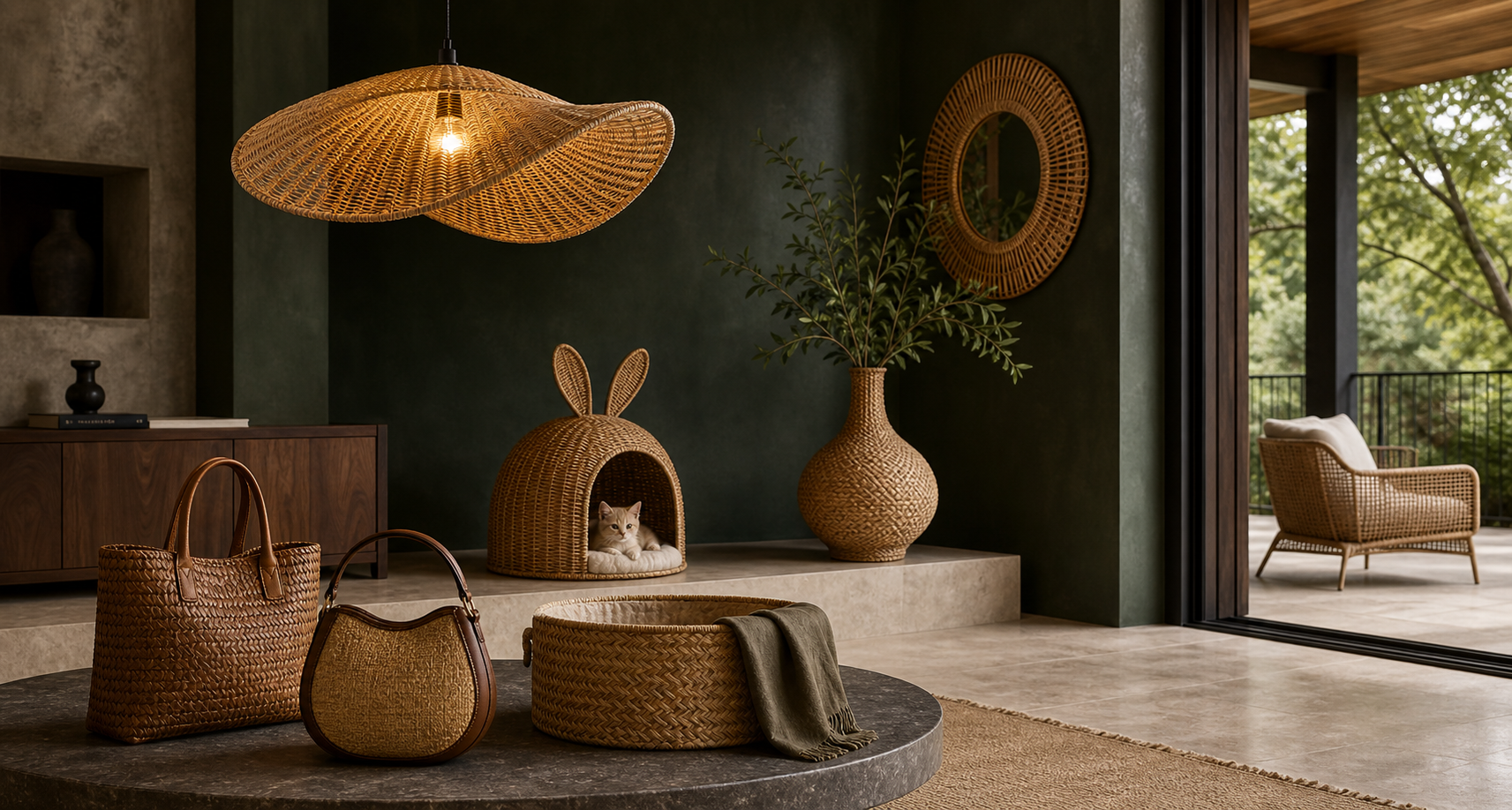 Concept scene presenting six woven product directions: lighting, storage, bags, pet living, décor and outdoor