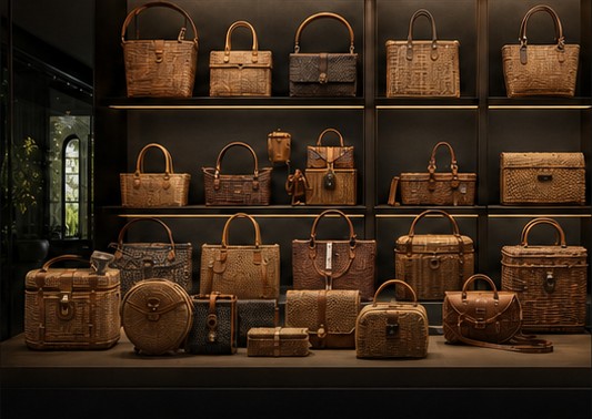 Complete display of varied woven handbags with handles visible