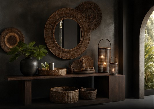 Complete woven mirrors and home accessories scene