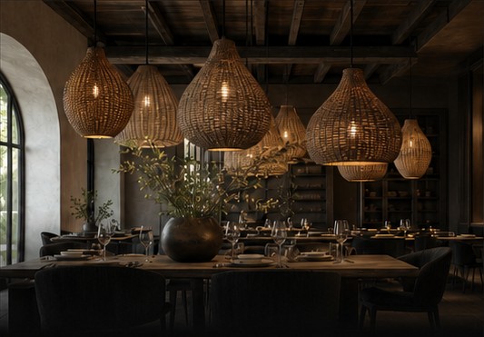 Complete dark architectural restaurant scene with woven pendant lighting