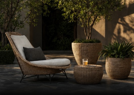Complete outdoor terrace scene with woven lounge chair, table and planters