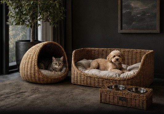 Complete woven cat bed, dog bed and feeding station scene